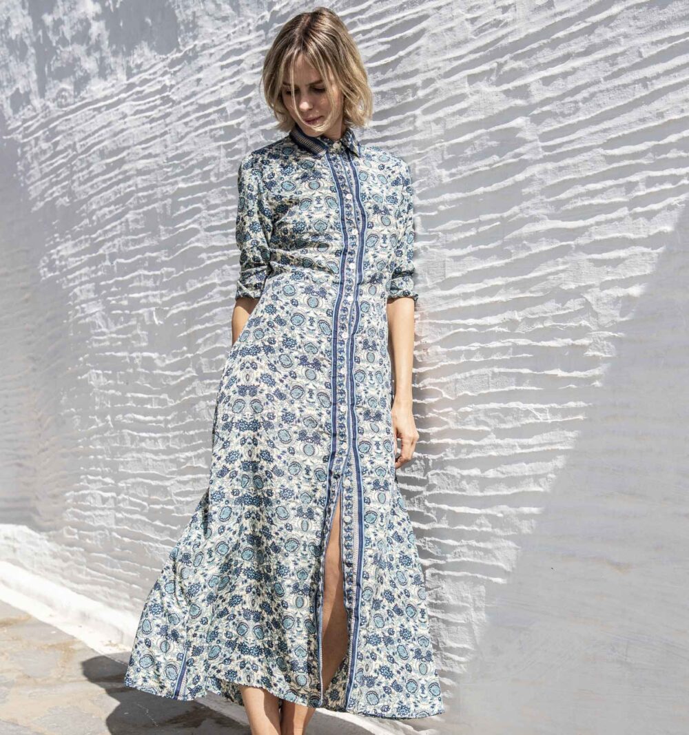 Silk shirt dress in blue - Image 4