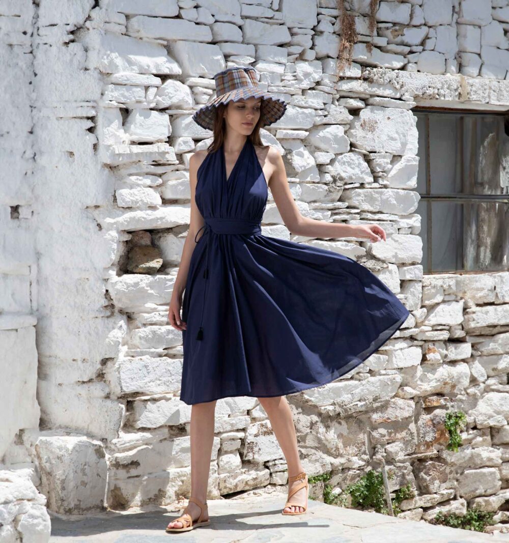 Mid-length smart pareo dress with belt  in dark blue - Image 2