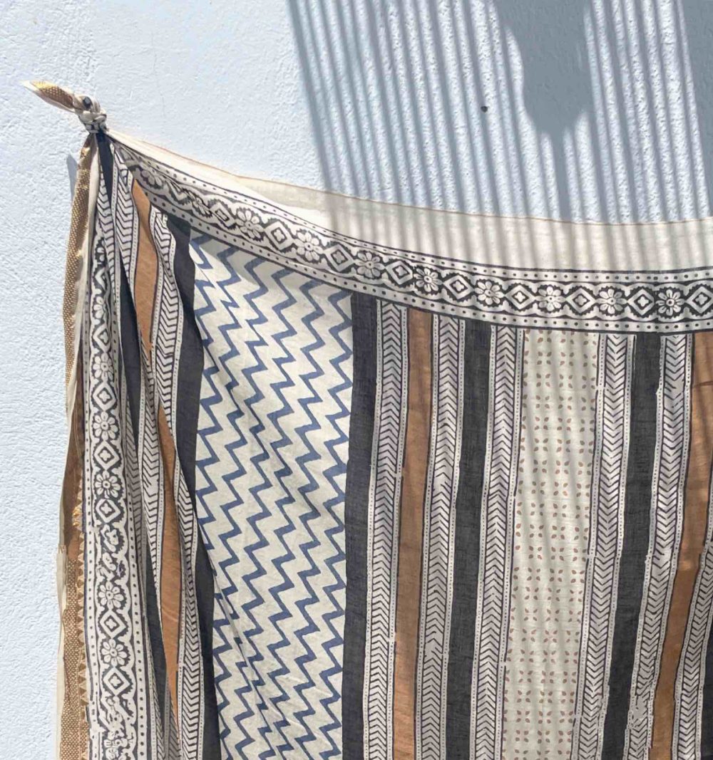 Cotton pareo in black, blue and mustard - Image 2