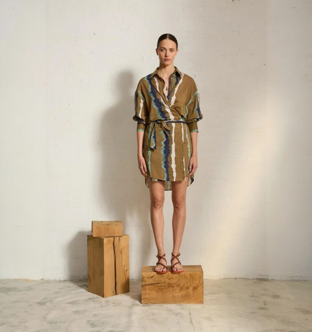 Cotton Shirt Dress in Tie Dye Stripes