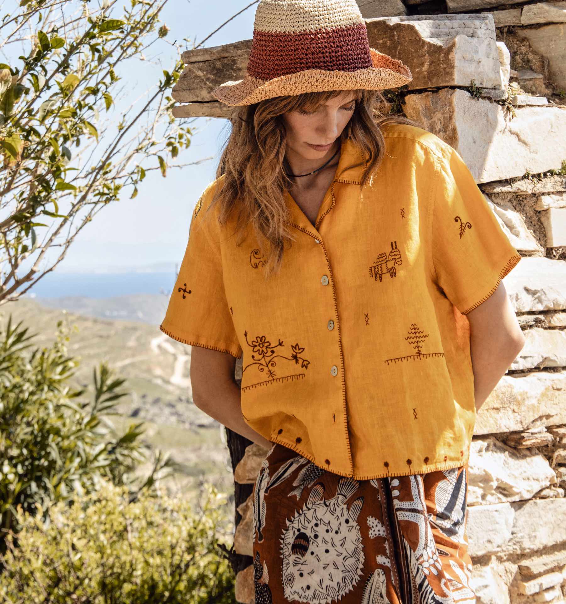 Mustard Linen Shirt with Hand Embroidery
