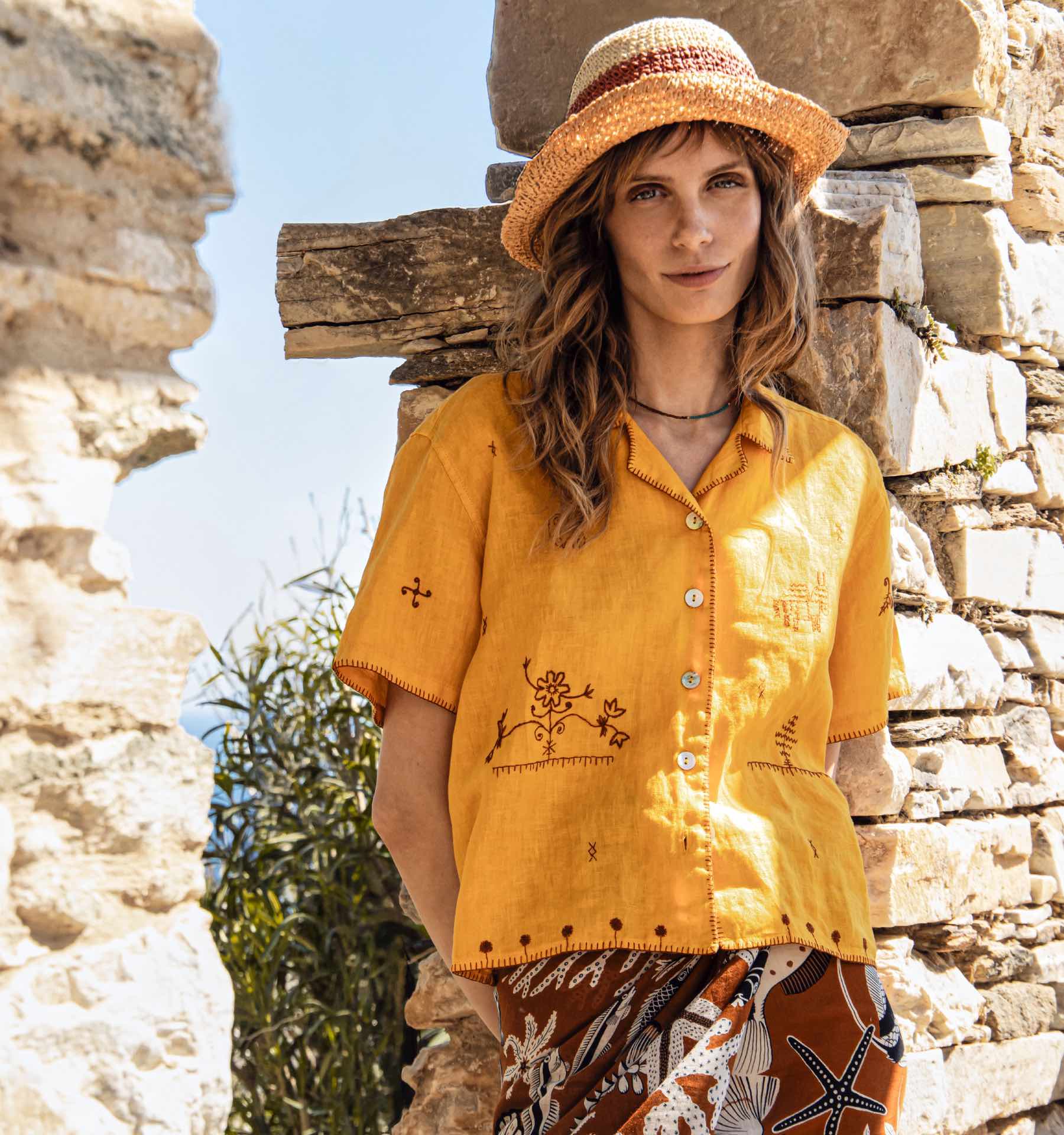 Mustard Linen Shirt with Hand Embroidery - Image 3