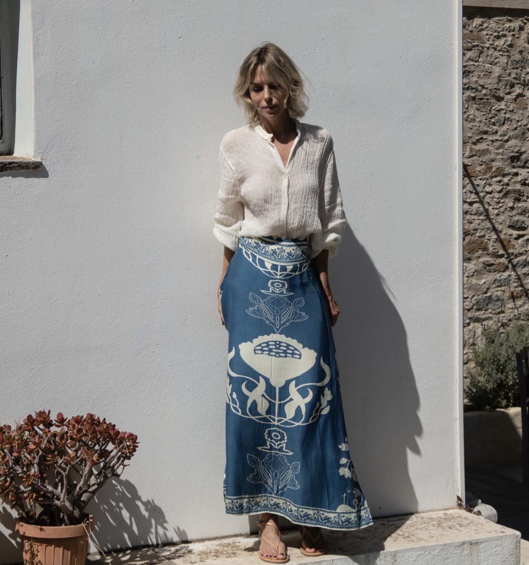 Silk Cotton Maxi Skirt in Blue - Image 3