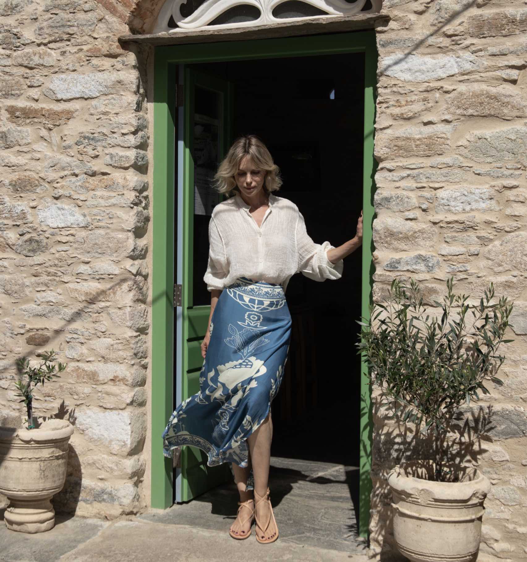 Silk Cotton Maxi Skirt in Blue
