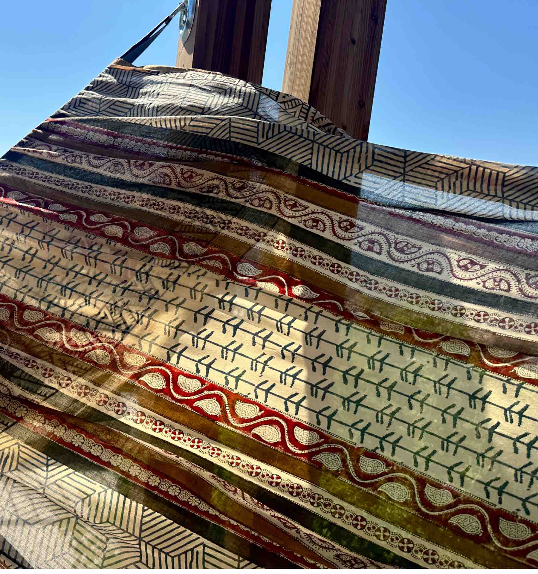 African Print Cotton Voile Pareo in Olive and Burgundy - Image 2